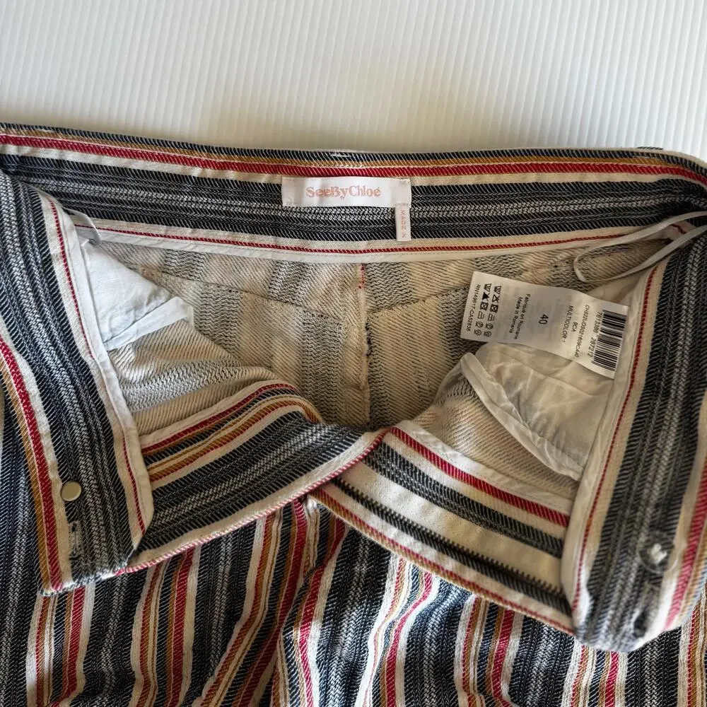 See By Chloe Jacquard Stripe Cotton Denim Shorts EU 40 Boho Retro Festival Indie - Picture 14 of 16